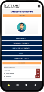An employee dashboard screenshot visible on a mobile phone. It has several buttons such as Assignments E-learning progress, Employee documents, KPIs and Training Attended.
