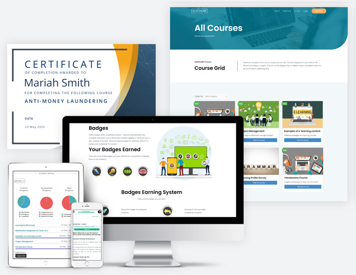 Elite LMS on several devices such as laptop, ipad and mobile phone as well as an image of a certificate and course overview page